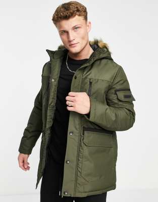 Jack & Jones Essentials parka with faux fur hood in khaki - ASOS Price Checker