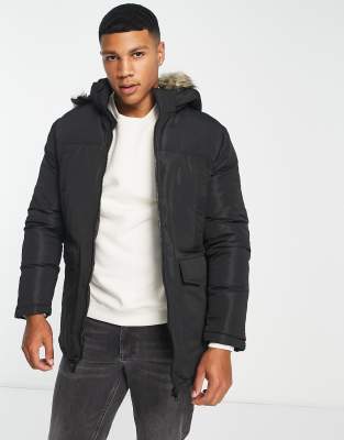 Shop Jack & Jones Essentials Parka With Faux Fur Hood In Black