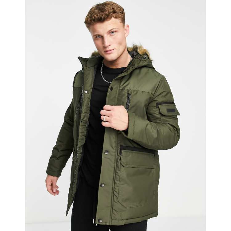 Jack Jones Essentials parka with faux fur hood in khaki ASOS