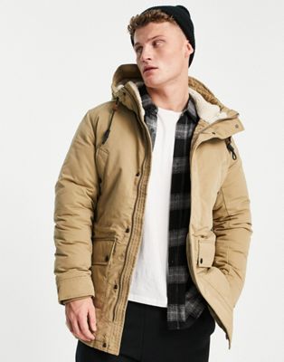 Jack & Jones Essentials parka with fleece lined hood in beige-Neutral