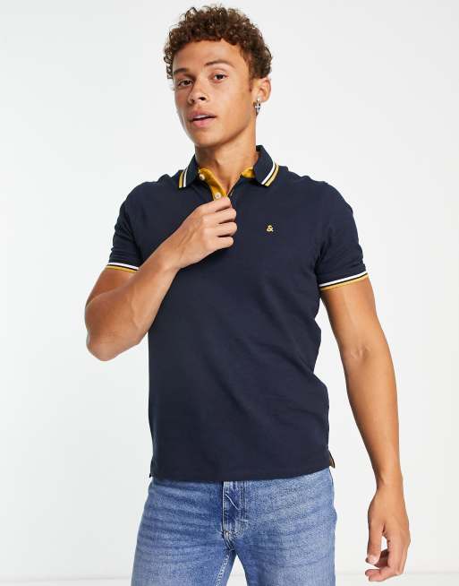 Jack & Jones Essentials - Polo blu navy con bordi a contrasto 