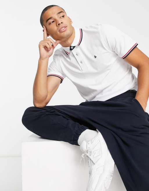 Jack & Jones – Essentials – Polohemd in Weiß mit Kontraststreifen