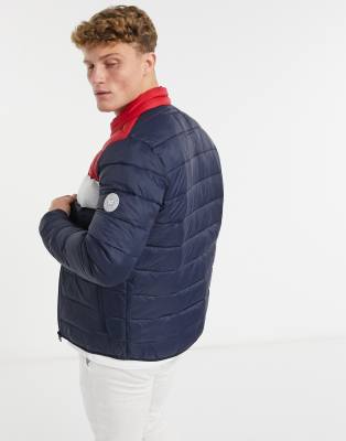 blue white and red puffer jacket