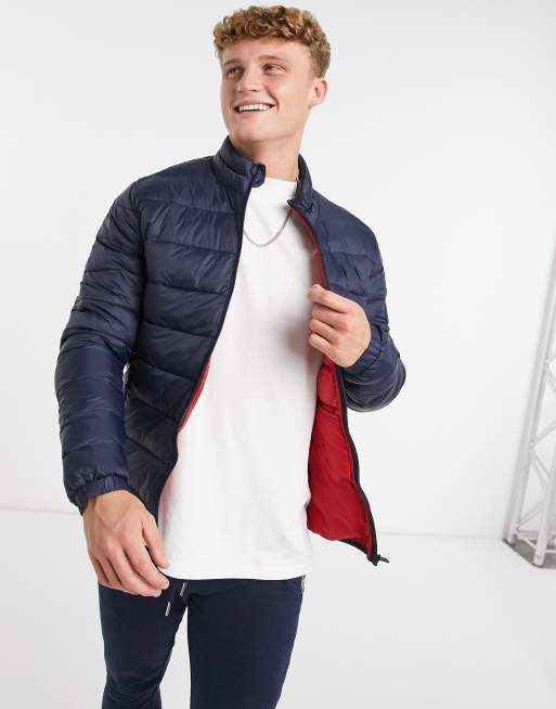 Jack & Jones Essentials puffer jacket with collar in navy | ASOS