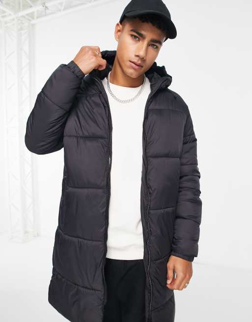 Jack & Jones - Essentials - Pufferjas met lange pasvorm, dubbele rits en capuchon in zwart 