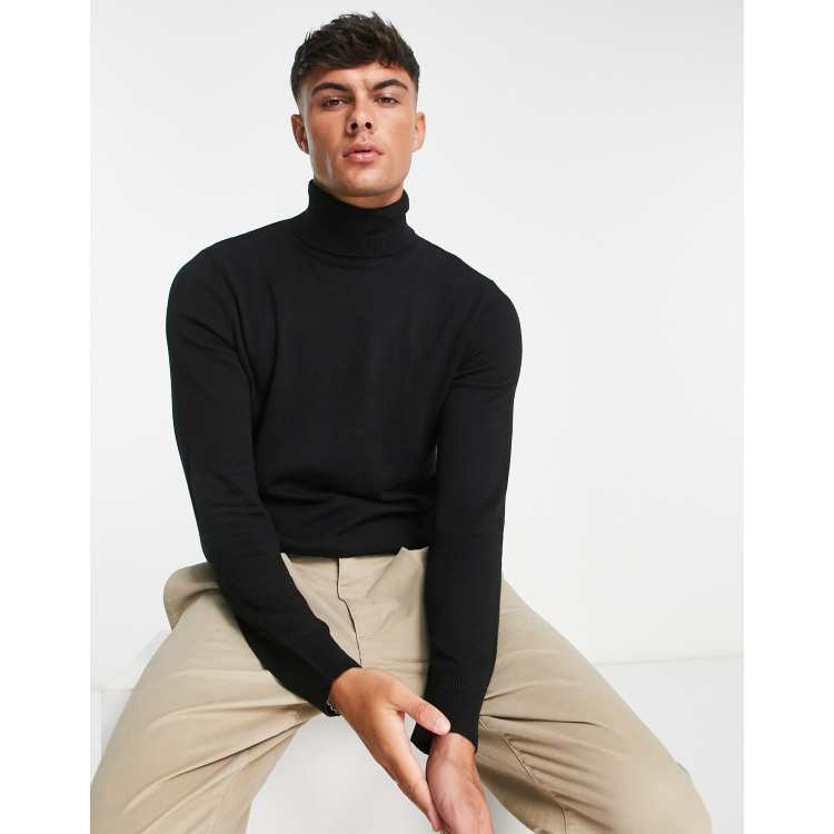 Black Essential Turtle Neck Sweater, Men's Tops