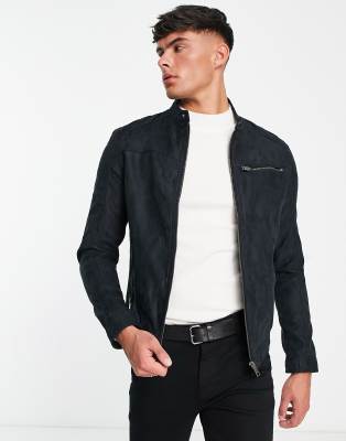 Essentials - Schwarze Bikerjacke in Wildlederoptik Schwarz XL