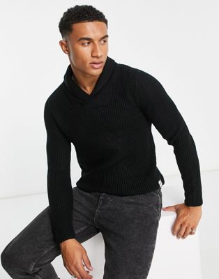 Jack & Jones Essentials shawl neck knitted jumper in black