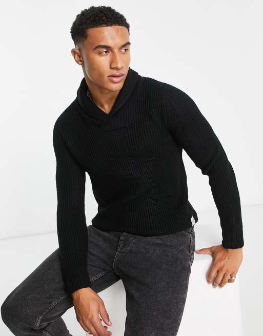 Jack & Jones Essentials shawl neck knitted jumper in black | ASOS