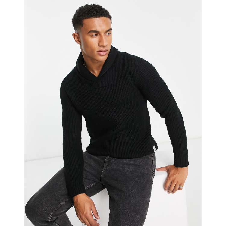 Jack & Jones Essentials shawl neck knitted sweater in black | ASOS