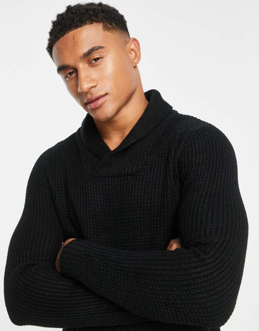 Jack & Jones Essentials shawl neck knitted sweater in black