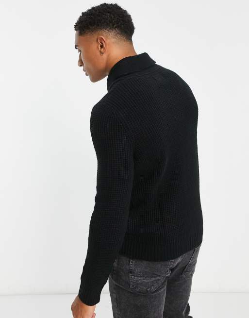 Jack & Jones Essentials shawl neck knitted sweater in black