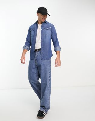 Jack & Jones Essentials slim fit denim shirt in mid wash-Blue