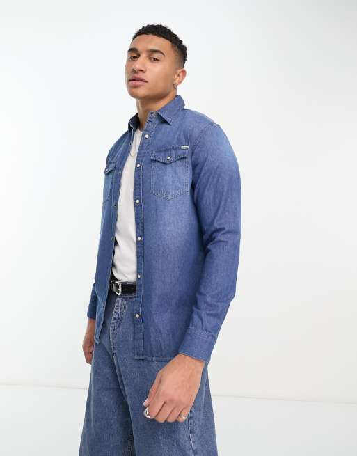 Jack & Jones Essentials slim fit denim shirt in mid wash , 2 of 4
