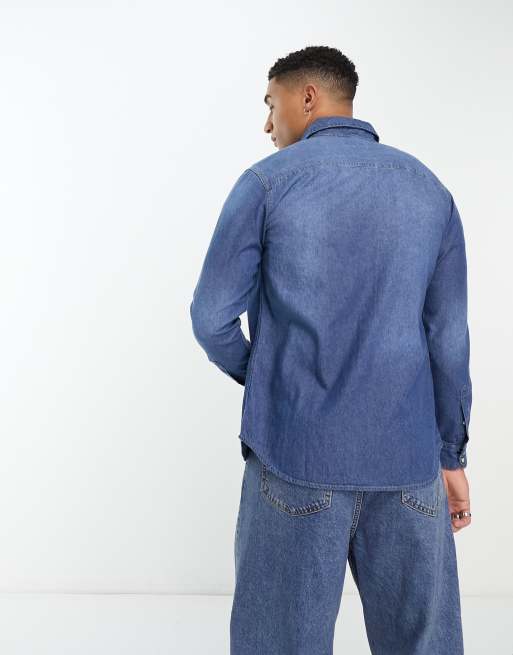 Jack & Jones Essentials slim fit denim shirt in mid wash , 3 of 4