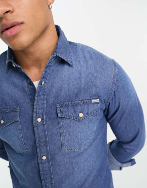 Jack & Jones Essentials slim fit denim shirt in mid wash , 4 of 4
