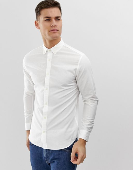 Jack & Jones Essentials slim fit linen mix shirt in white | ASOS
