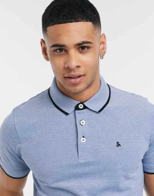 & Jones Essentials slim fit tipped pique logo in blue |