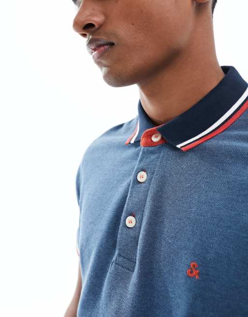 Jack & Jones Essentials slim fit tipped pique logo polo in blue  , 2 of 4