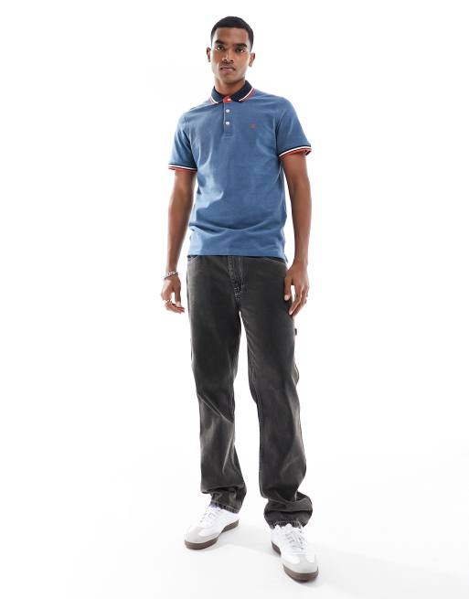 Jack & Jones Essentials slim fit tipped pique logo polo in blue  , 4 of 4