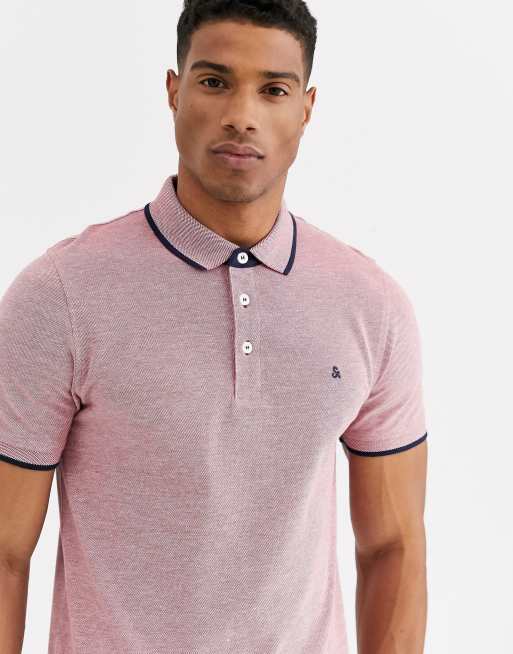 Jack & Jones Essentials slim fit tipped pique logo polo in red | ASOS