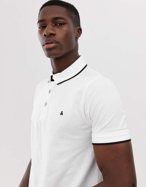 Jack Jones Essentials fit tipped pique logo polo in white | ASOS