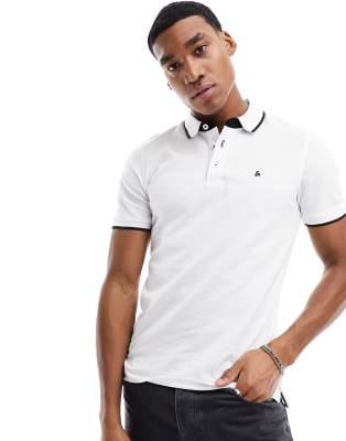 Jack & Jones Essentials slim fit tipped pique logo polo in white | ASOS