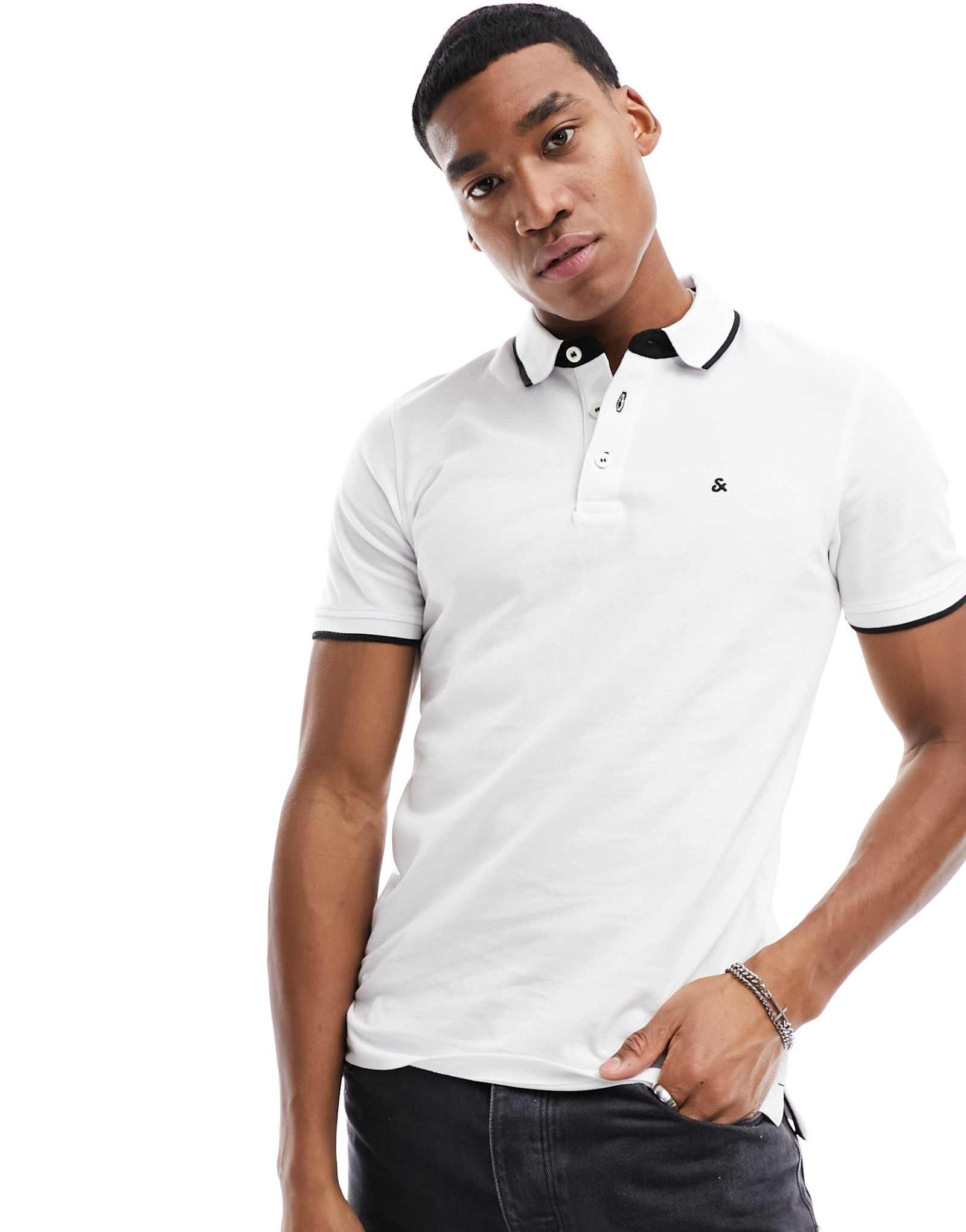 Белое поло Jack &Jones Essentials slim fit с логотипом pique на верхушке