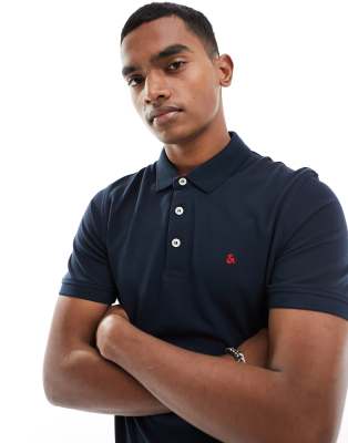 Jack & Jones Essentials slim fit tipped pique logo polo navy