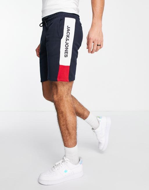 Jack & Jones Essentials - Smalle jersey short met kleurvlakken en logo in marineblauw