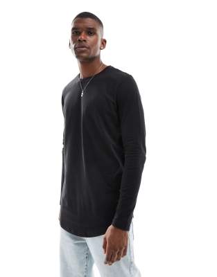 Jack & Jones - Essentials - T-shirt long à manches longues et ourlet arrondi - Noir