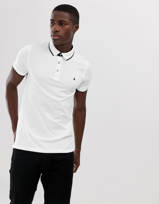 Jack & Jones – Essentials – Vit pikétröja med smal passform, logga och kantränder, 3 av 4
