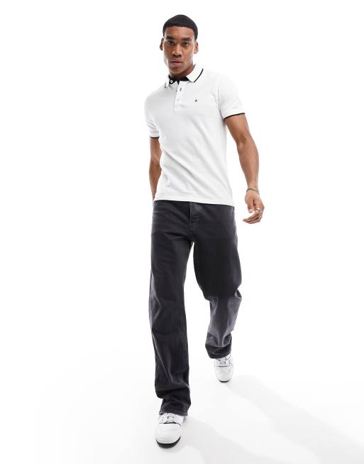 Jack & Jones – Essentials – Vit pikétröja med smal passform, logga och kantränder, 4 av 4