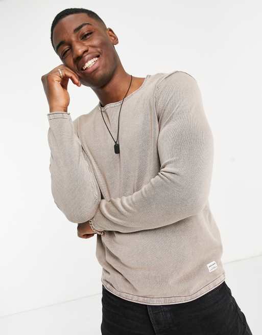 Jack & Jones Essentials washed sweater with rolled hem in beige