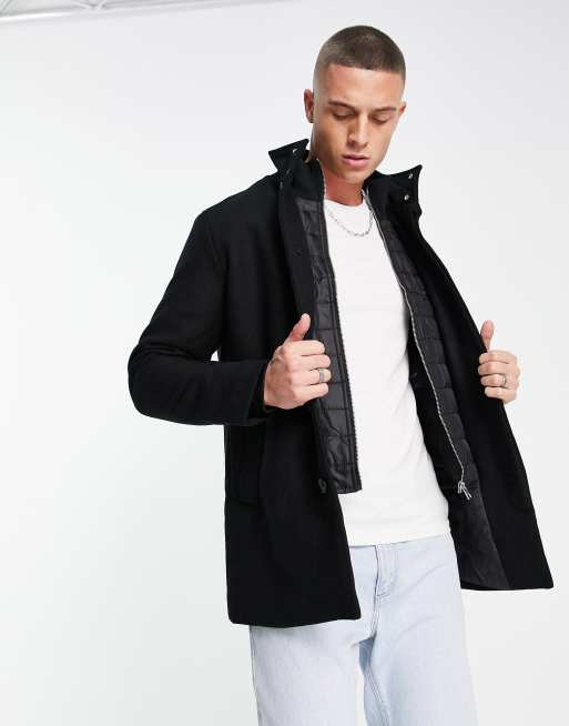 Jack & Jones Essentials wool coat with quilted inner in black | ASOS