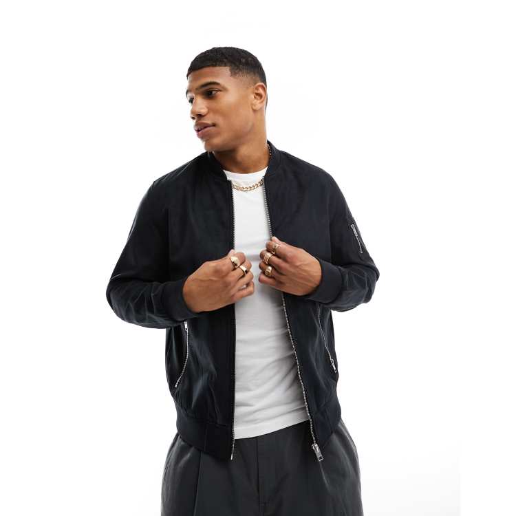 Jack Jones Essentials zip through faux suede bomber jacket in black ASOS