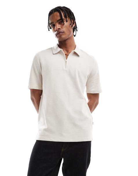 Jack & Jones textured zip polo in beige