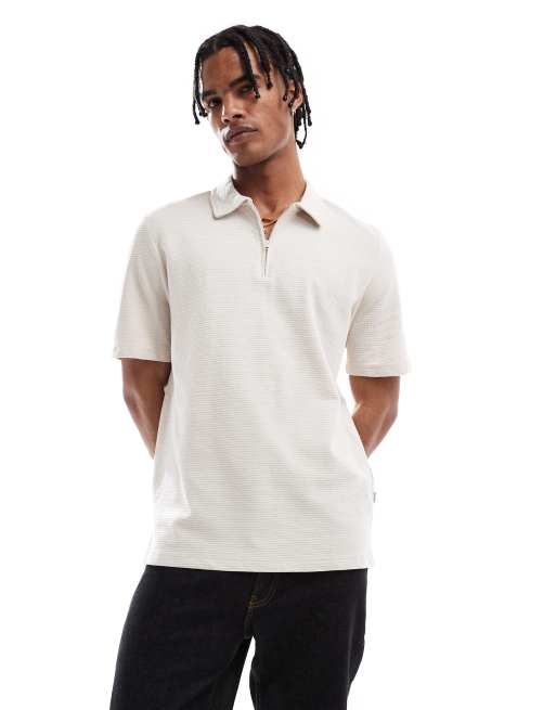 Jack & Jones – Fakturowana beżowa koszulka polo z zapięciem na zamek pod szyją
