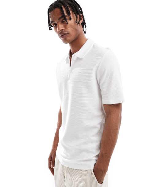 Jack & Jones – Fakturowana biała koszulka polo z zapięciem na zamek pod szyją - view 1