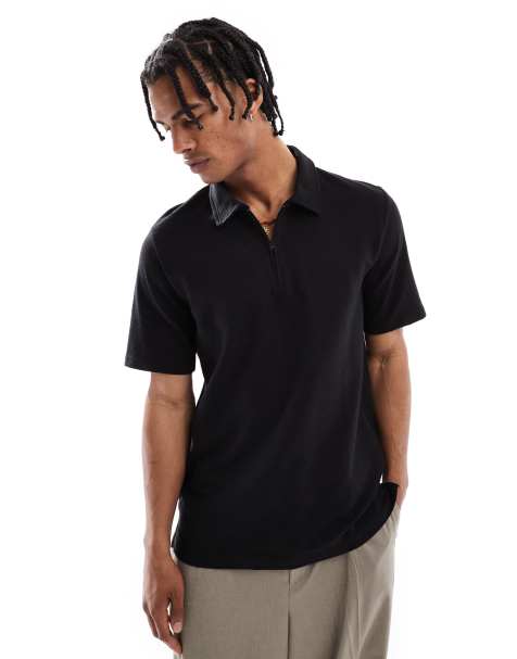 Jack & Jones textured zip polo in black 