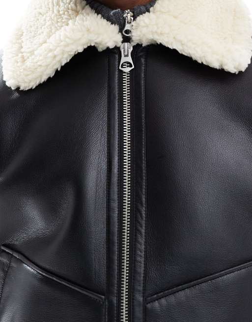 Jack & Jones faux leather aviator jacket in black