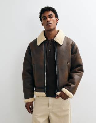 Jack & Jones Faux Leather Aviator Jacket In Brown
