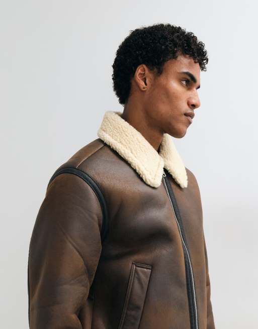 Jack & Jones faux leather aviator jacket in brown, 3 of 5