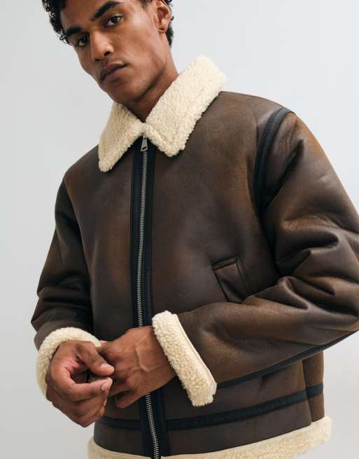 Jack & Jones faux leather aviator jacket in brown, 5 of 5