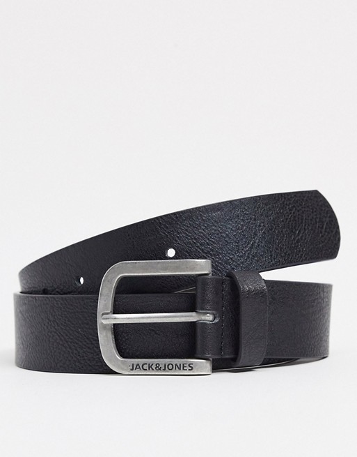 Jack & Jones faux leather belt with logo in black