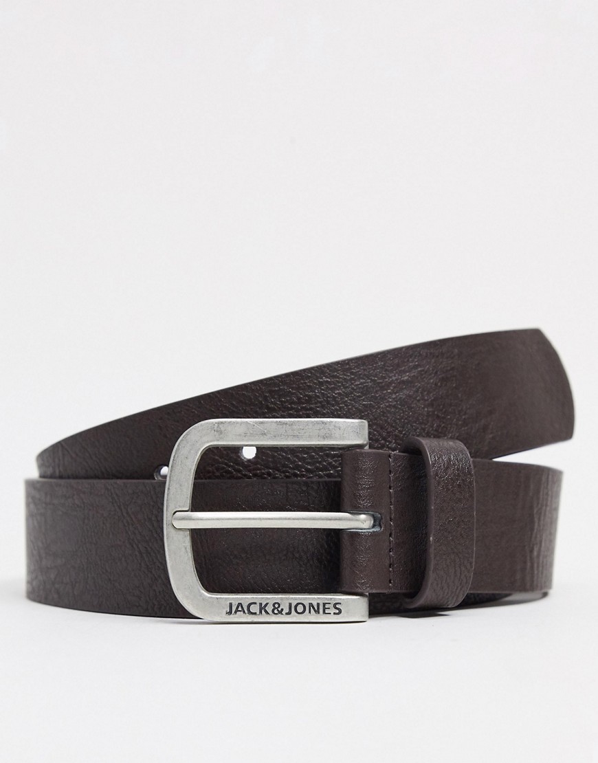 Jack & Jones Faux Leather Belt With Logo In Brown