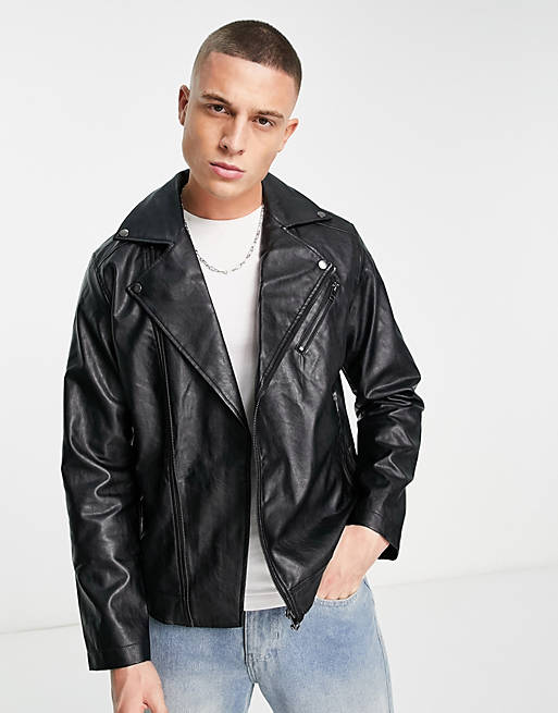 Jack & Jones faux leather biker jacket in black | ASOS