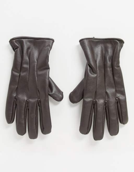 Jack & Jones faux leather gloves in brown ASOS