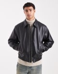 [Jack & Jones] Jack & Jones faux leather harrington bomber jacket in black XS Black