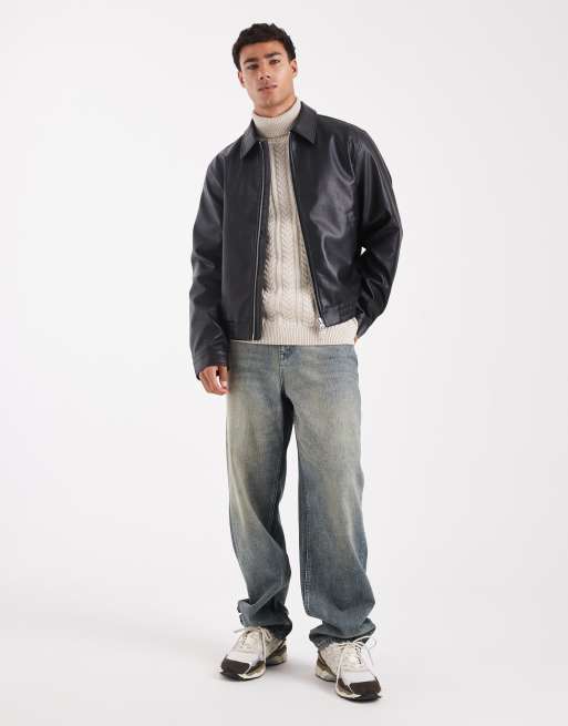 Jack & Jones faux leather harrington bomber jacket in black